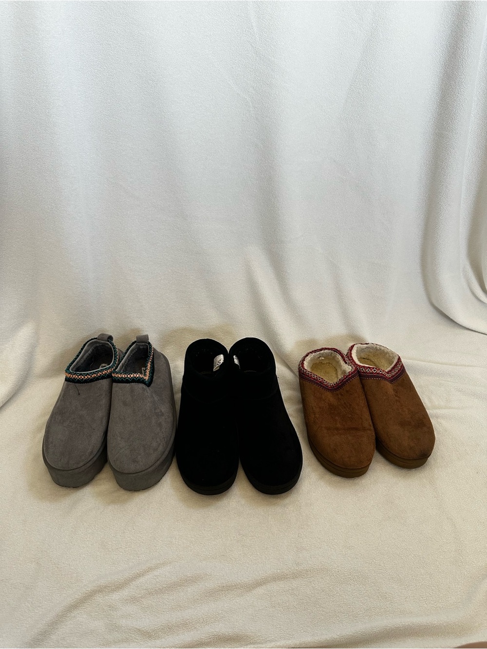 Three Pairs of Cozy Suede-Look Slip-On Clog Shoes - Gray, Black, Brown